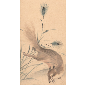 森狙仙 青麦に狐 月下狸 双幅 日本の動物画 いきもののかたち 江戸期の花鳥画などかわいい日本画のサイト