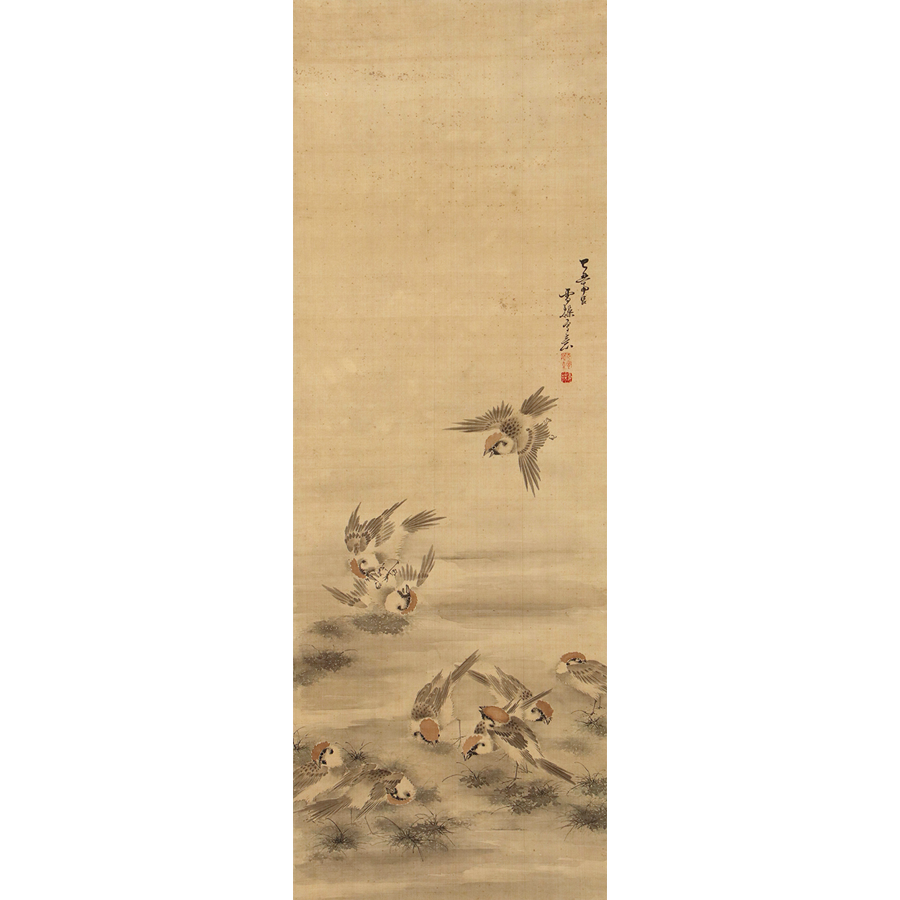 金子雪操 群雀遊喜図 日本の動物画 いきもののかたち 江戸期の花鳥画などかわいい日本画のサイト