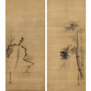 狩野安信 梅竹小禽図 双幅 - 日本の動物画‐いきもののかたち‐ 江戸期 