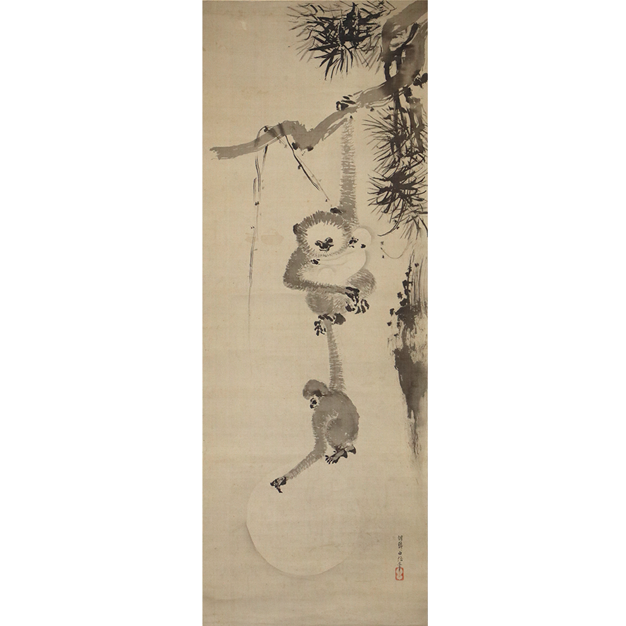 狩野由信 洞隣 親子猿捉月図 日本の動物画 いきもののかたち 江戸期の花鳥画などかわいい日本画のサイト