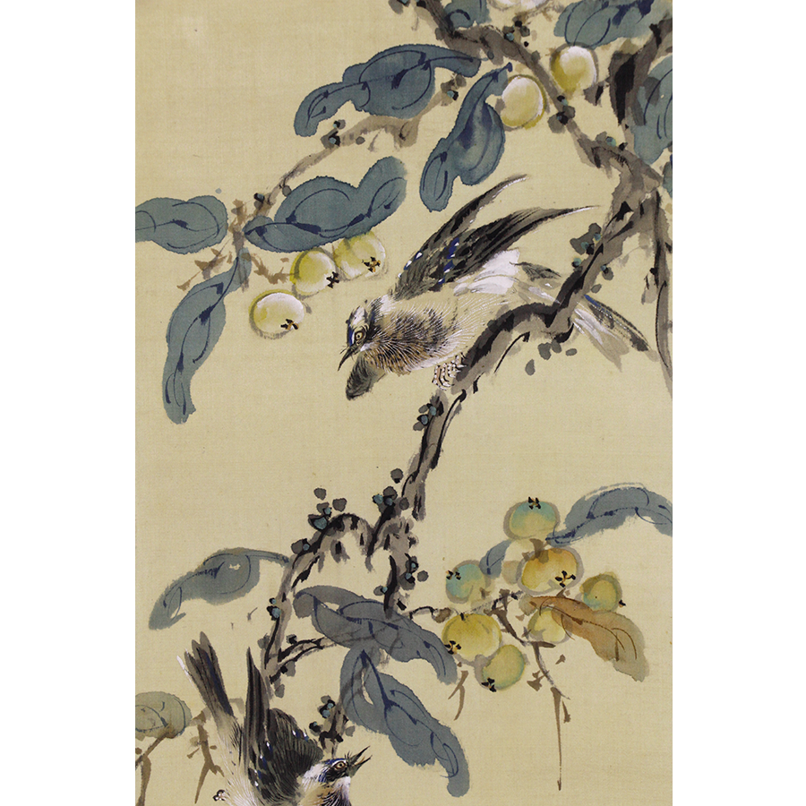 掛け軸『花鳥画 』　肉筆保証- 岡本秋暉 -　紙本 　 -　骨董 -　古美術 掛軸 花鳥画 「松牡丹双禽図」 絹本肉筆 古画 秋暉 人気定番，