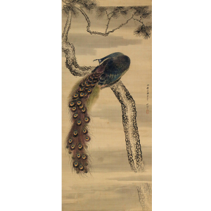 【模写】【伝来】M8937〈北村百泉〉孔雀図 中国画 姫島竹外門下 大阪の人 掛軸 姫島竹亭「渓山観瀑図」 | 新古美術いづも