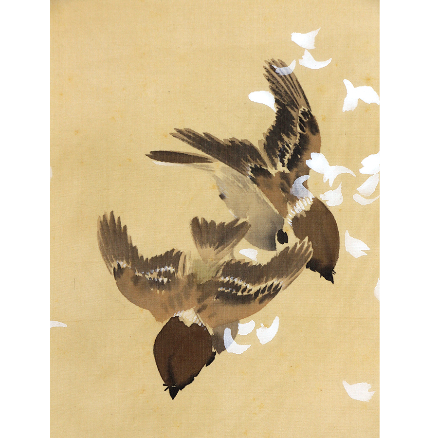 定価販売鴎水「稲穂に雀」 日本画 絹本 彩色 鳥 愛らしい稲穂と雀 花鳥 動物 y91614825 花鳥、鳥獣
