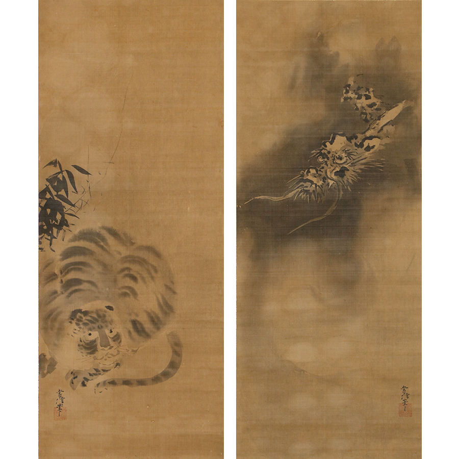 狩野常信 龍虎 双幅 - 日本の動物画‐いきもののかたち‐ 江戸期の花鳥画などかわいい日本画のサイト -