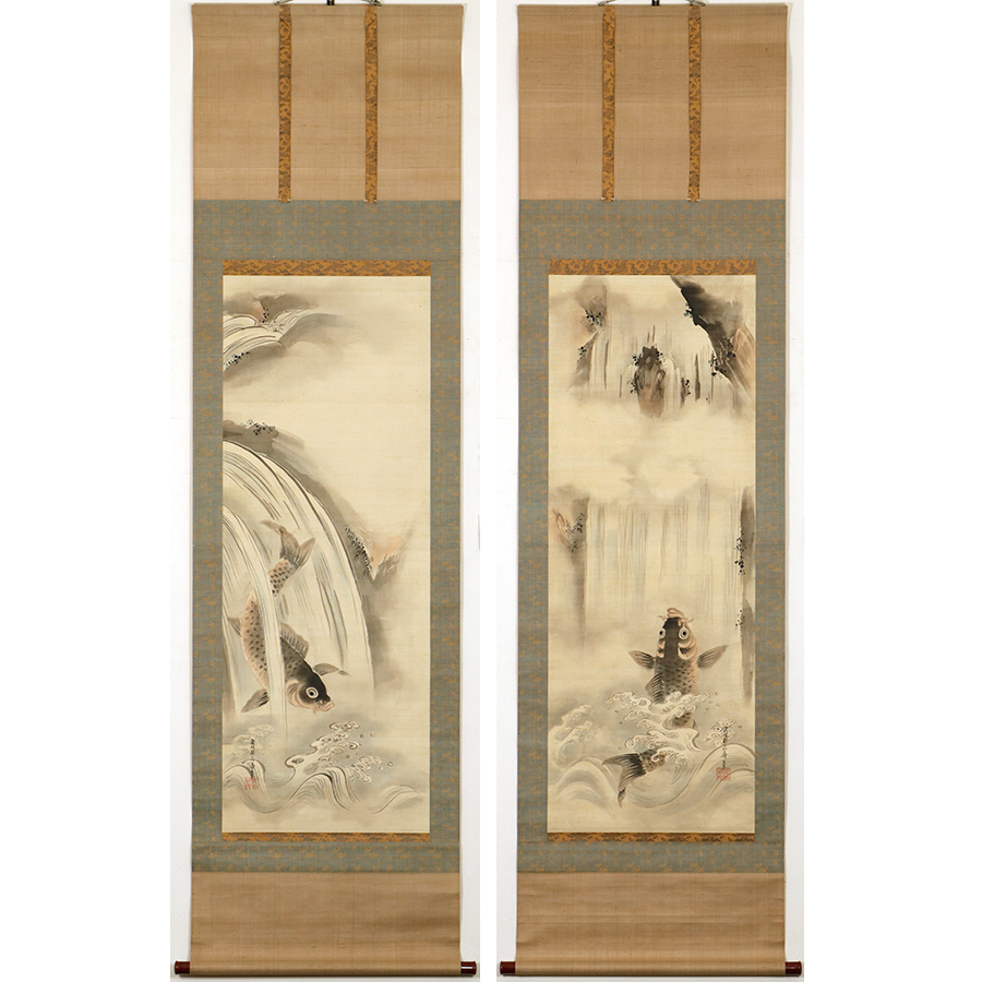 【模写】【伝来】n3532〈山口雪渓〉三幅対 昇鯉人物図 マクリ 室町水墨に傾倒 昇鯉登龍門図 森山観月 尺五 日本製 開運画 - 掛け軸（掛軸）販売通販